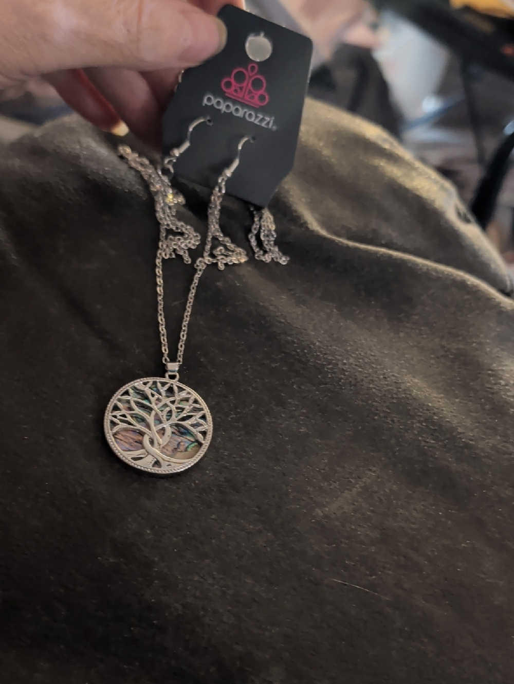 Paparazzi Silver Tree of Life Necklace with Iridescent Inlay & Earings Set